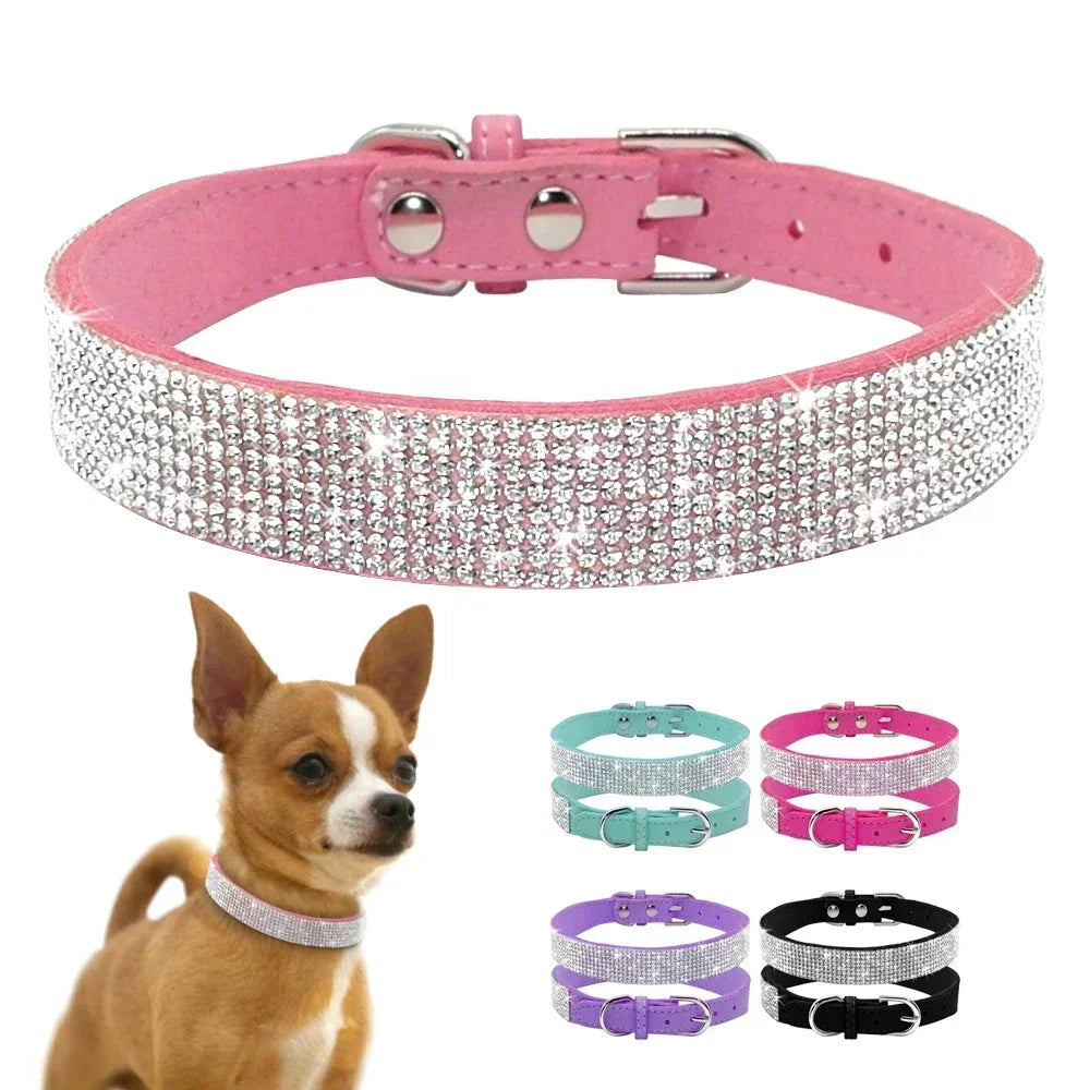 Suede Fiber Crystal Dog Collar Comfortable Glitter Rhinestone Dog Collars Zinc Alloy Buckle Collar for Small Dogs Cats XXS-XL