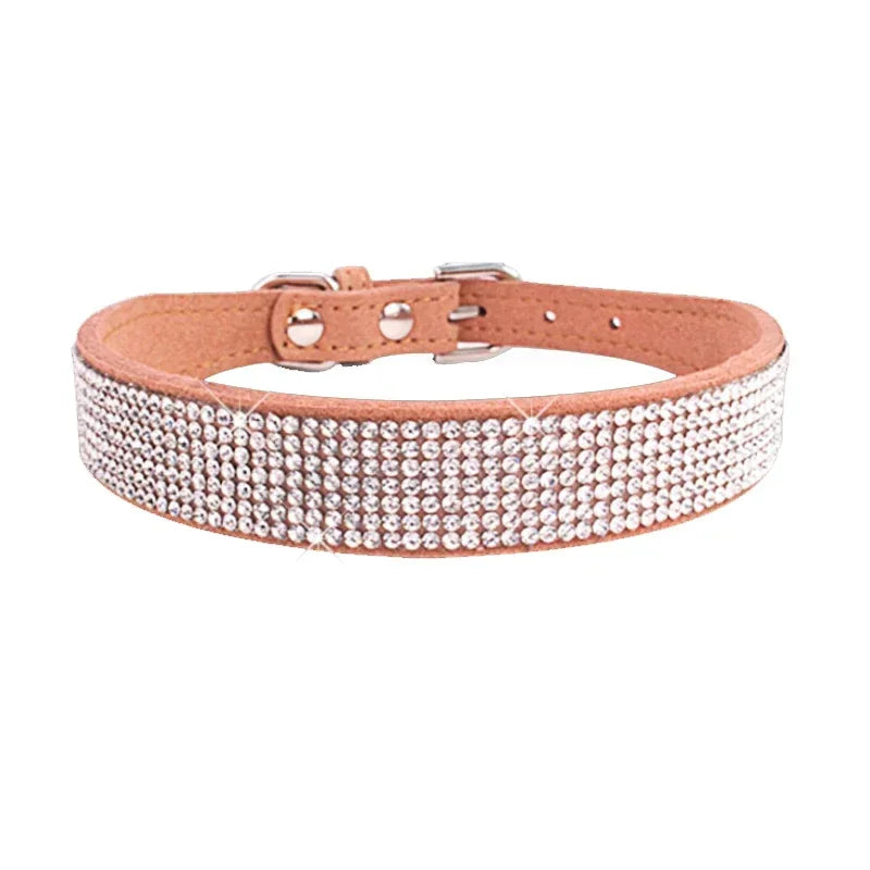 Suede Fiber Crystal Dog Collar Comfortable Glitter Rhinestone Dog Collars Zinc Alloy Buckle Collar for Small Dogs Cats XXS-XL