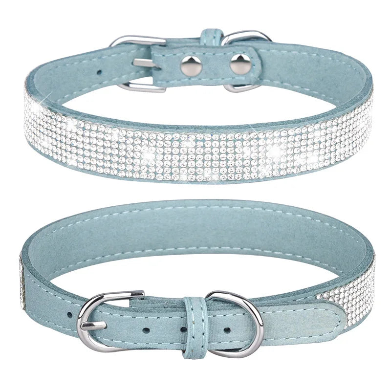 Suede Fiber Crystal Dog Collar Comfortable Glitter Rhinestone Dog Collars Zinc Alloy Buckle Collar for Small Dogs Cats XXS-XL
