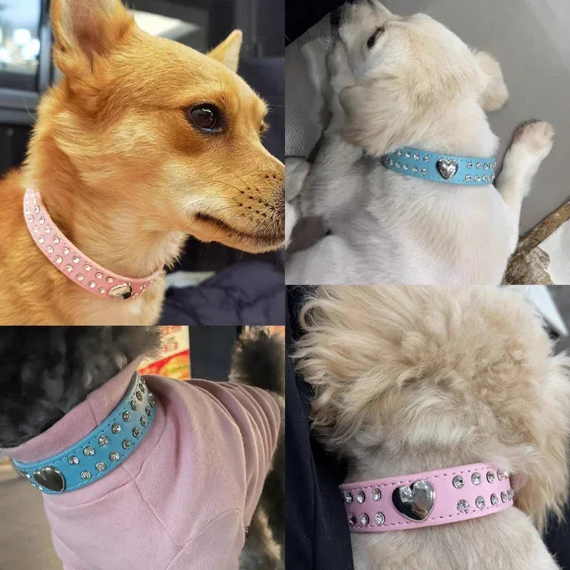 Fashion Dog Collar Love Heart Rhinestone PU LeatherChihuahua Yorkie Party Collar Cat Grooming Decorate Gift Pet Supplies